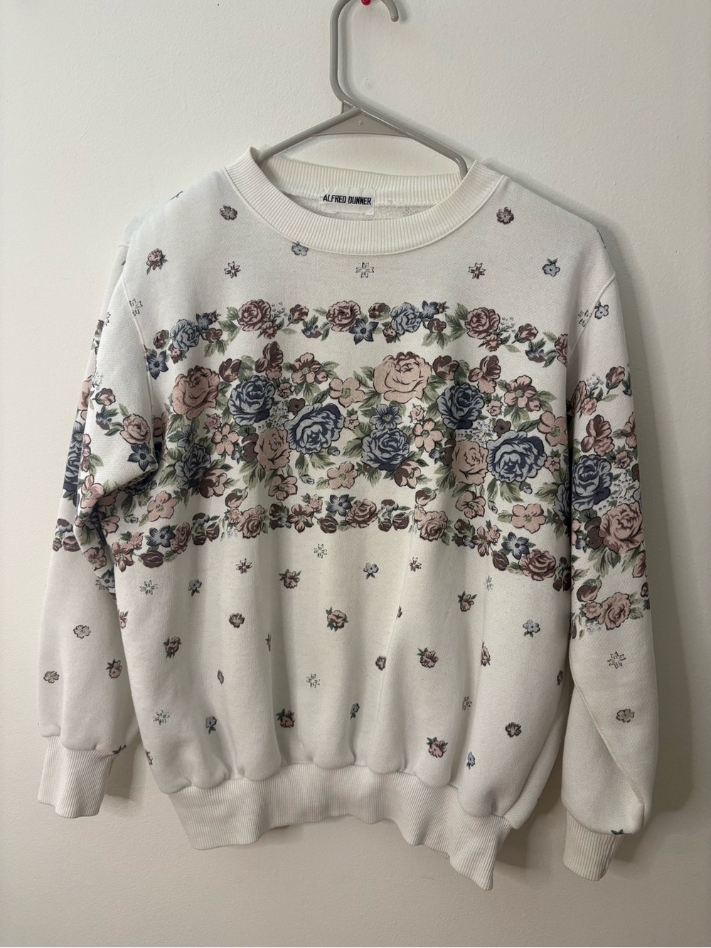 Alfred Dunner Cream Floral Crewneck Sweater with Pink & Blue Roses